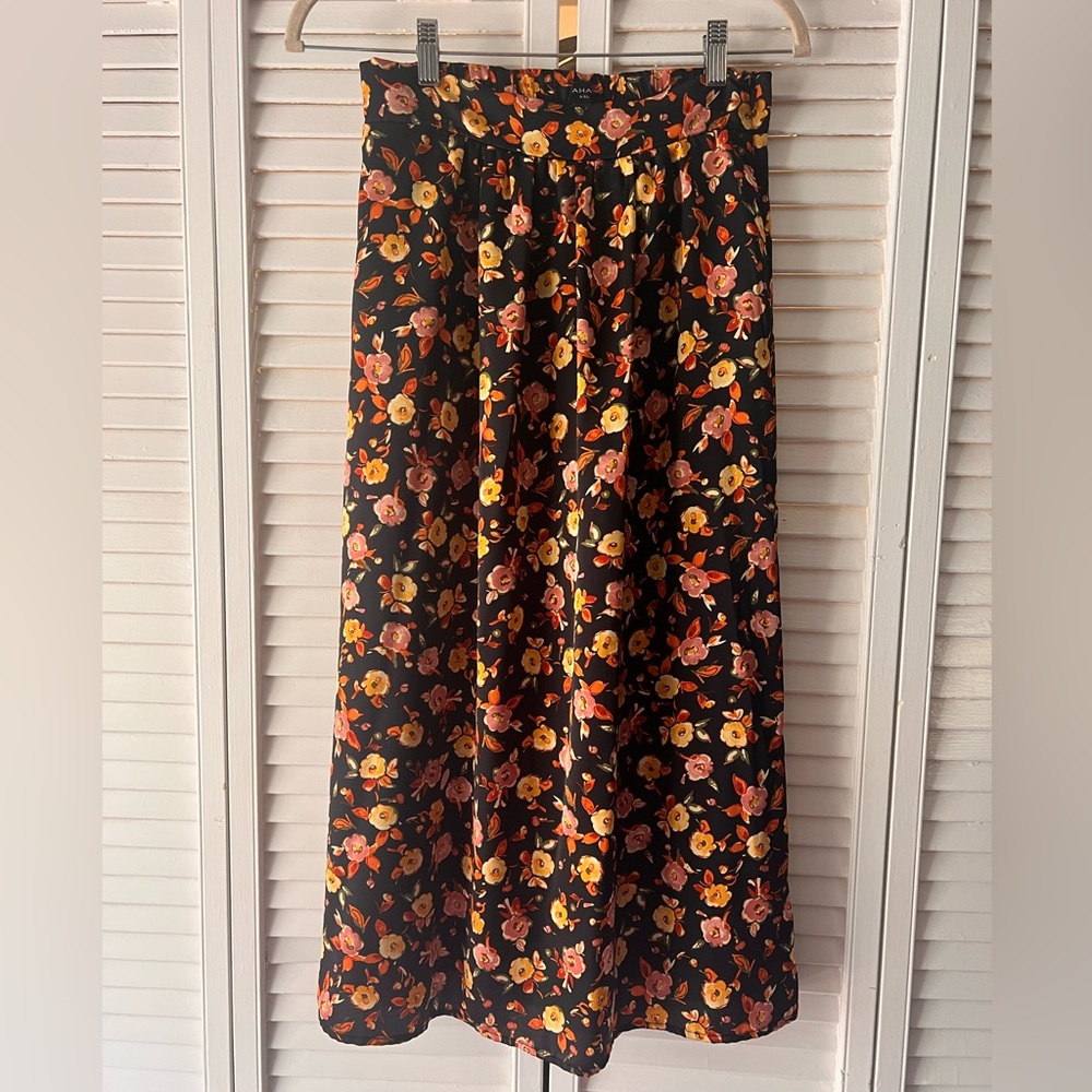 Tahari Black Midi Skirt with Yellow & Pink Floral Print
